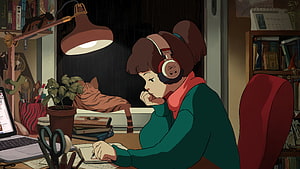 Lo-Fi Study Girl with Headphones and Cat in Cozy Room by Juan Pablo Machado HD wallpaper