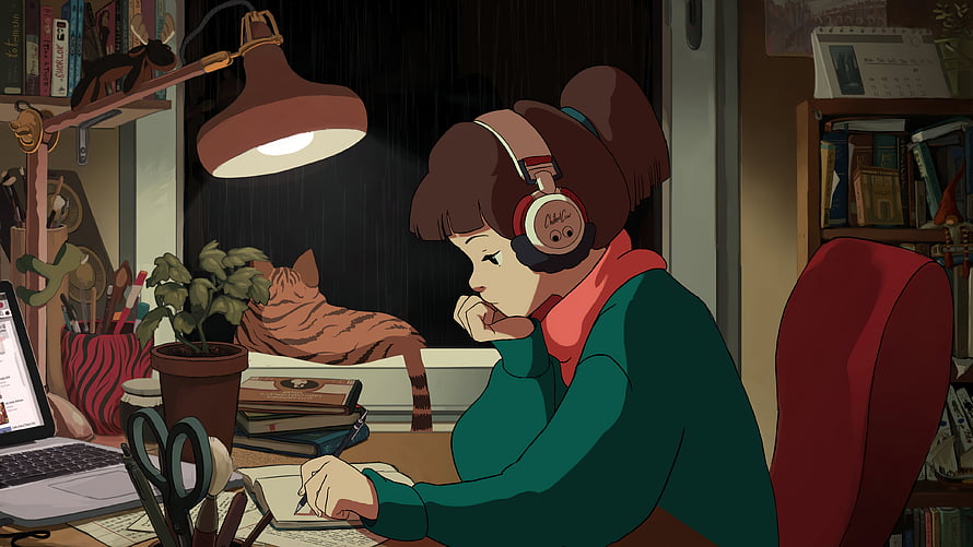 Lo-Fi Study Girl with Headphones and Cat in Cozy Room by Juan Pablo Machado HD wallpaper