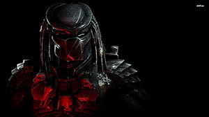 Predator Alien Warrior in Dark Armor with Red Glowing Visor and Skull Chest Plate HD wallpaper