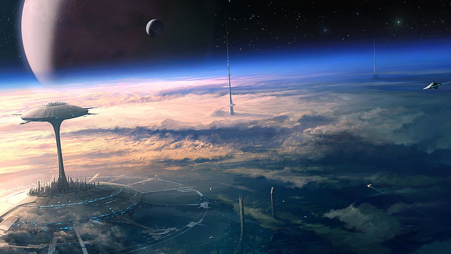 Futuristic Space Station Above Cloud Layer with Distant Planet and Starry Sky HD wallpaper