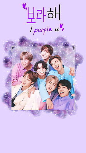 BTS Group Photo With Purple Galaxy Background And I Purple U Text HD phone wallpaper