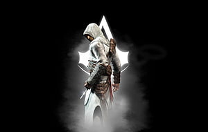Altair from Assassin's Creed in white hooded robes standing before the glowing Assassin insignia in mist HD wallpaper