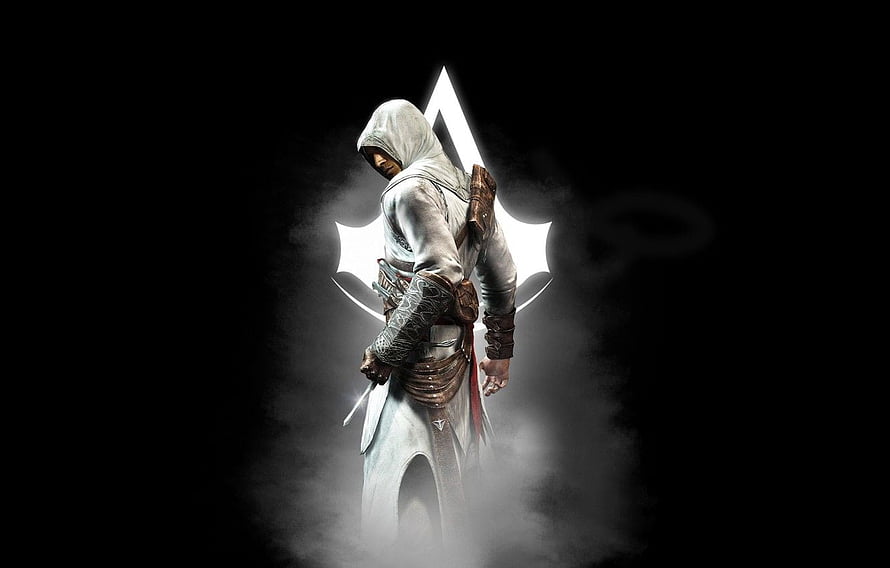 Altair from Assassin's Creed in white hooded robes standing before the glowing Assassin insignia in mist HD wallpaper