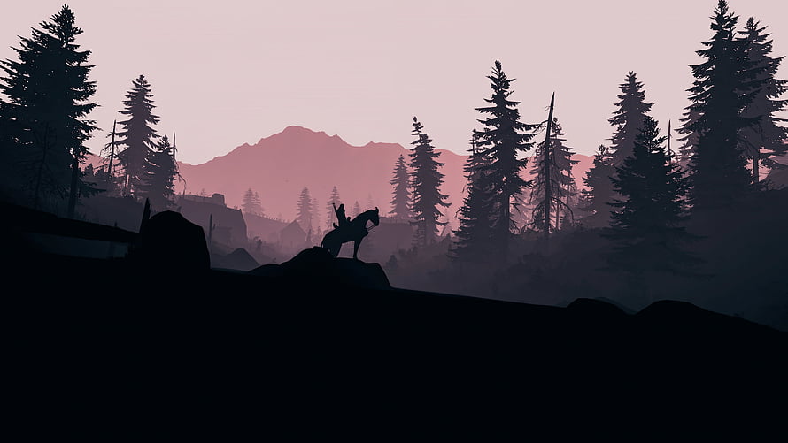 The Witcher 3 Wild Hunt Silhouette of Rider on Horse in Misty Pine Forest at Dusk HD wallpaper