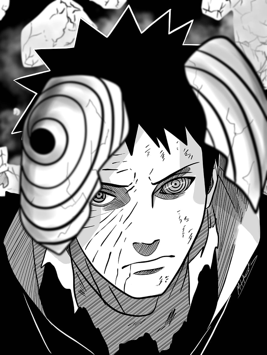 Obito Uchiha Wearing Tobi Mask in Black and White Naruto Manga Panel HD phone wallpaper