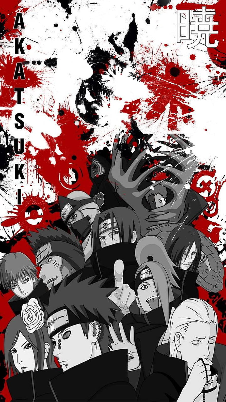 Naruto Akatsuki Members Group Portrait with Red and Black Ink Splatter Background HD phone wallpaper