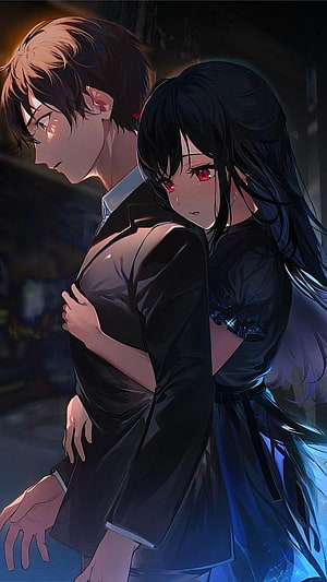 Emotional Anime Couple Embrace in Dark Atmospheric Setting HD phone wallpaper