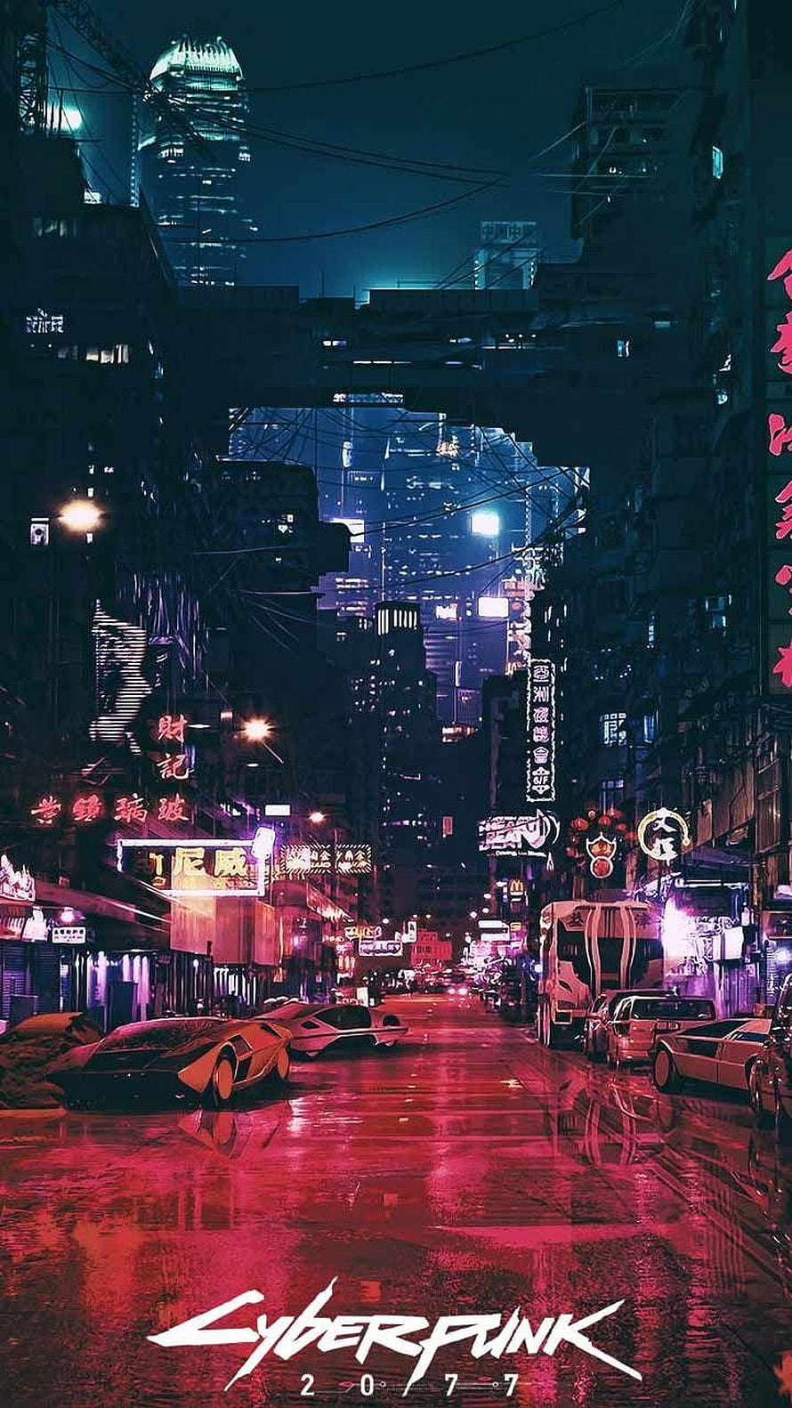 Cyberpunk 2077 Night City Neon Street Scene with Futuristic Cars and Rainy Reflections HD phone wallpaper
