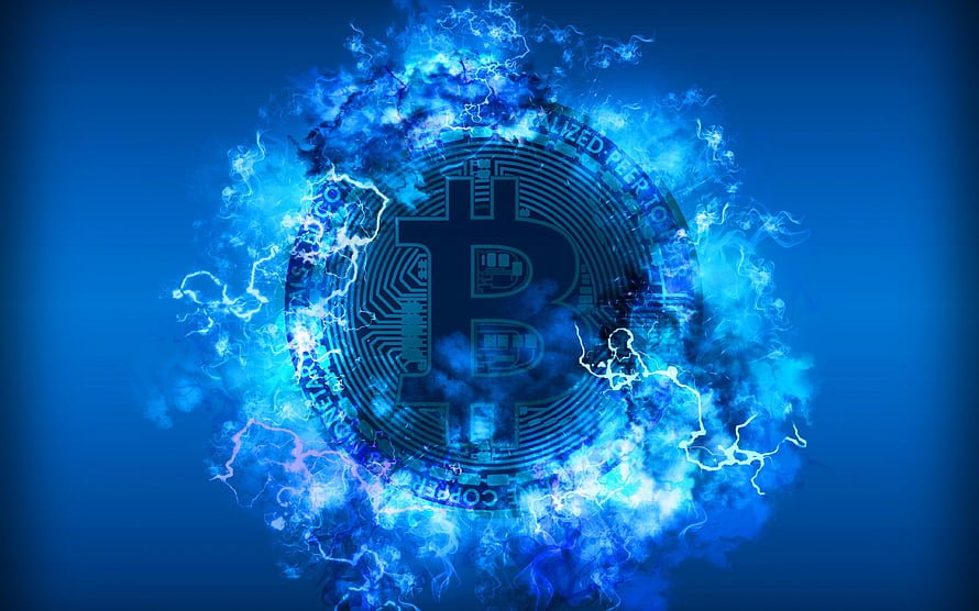 Bitcoin Coin Surrounded by Electric Blue Energy and Lightning on a Dark Background HD wallpaper