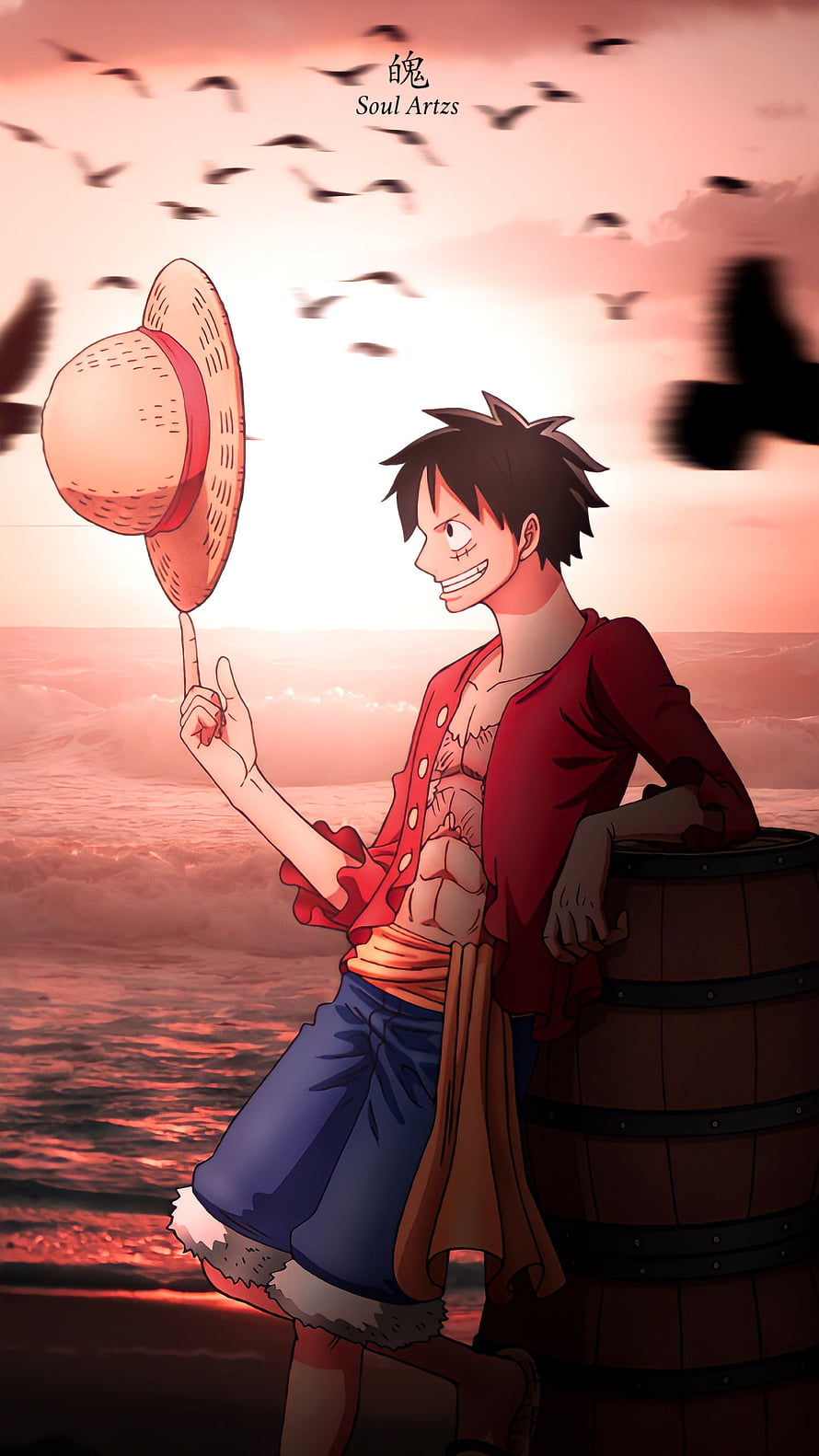 Monkey D Luffy Balancing Straw Hat on Ocean Sunset HD phone wallpaper