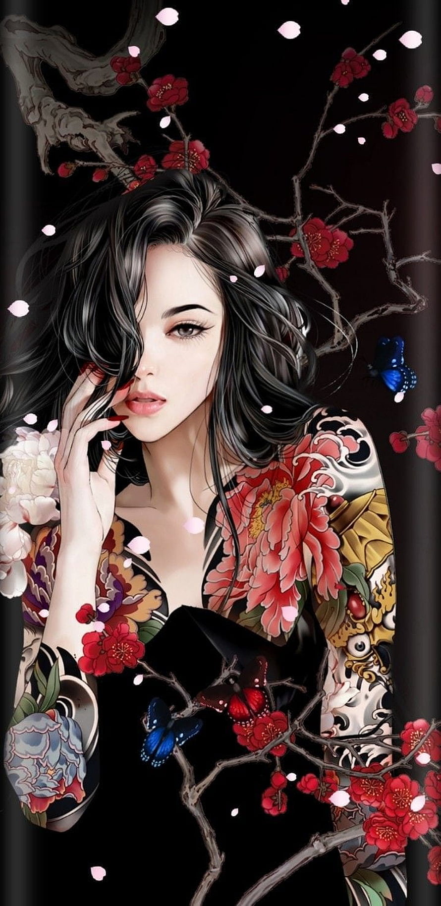 Elegant Woman with Floral Tattoo Sleeves and Cherry Blossoms Fantasy Portrait, lockscreen android. Yakuza girl, Fantasy art women, Girly art HD phone wallpaper