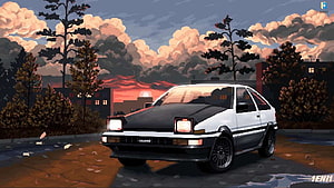 Pixel Art Toyota AE86 Trueno Parked at Sunset with Dramatic Clouds HD wallpaper
