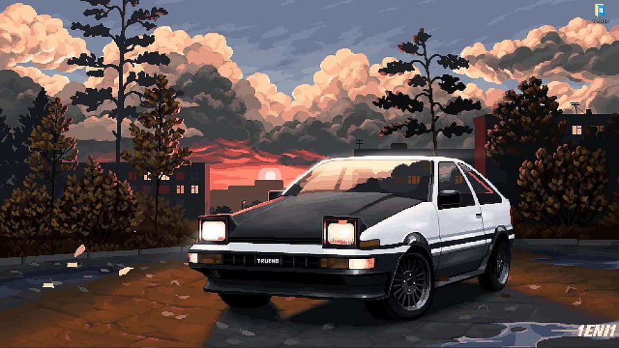 Pixel Art Toyota AE86 Trueno Parked at Sunset with Dramatic Clouds HD wallpaper