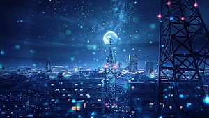 Anime Night Cityscape with Full Moon and Tower Silhouette HD wallpaper