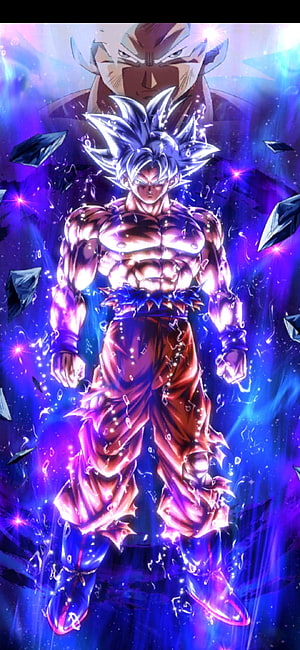 Mastered Ultra Instinct Goku in Dragon Ball Legends with Purple Aura and Floating Debris HD phone wallpaper