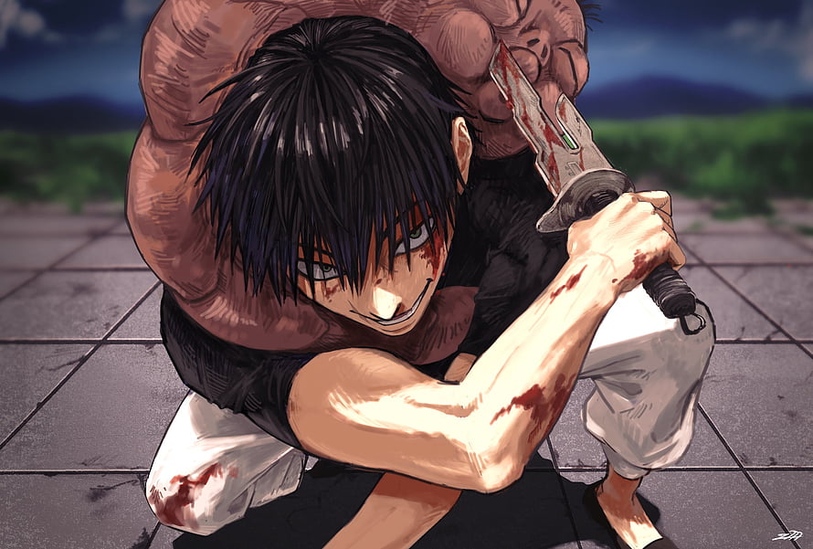 Toji Fushiguro Crouching With Bloodied Blade in Dark Anime Illustration HD wallpaper