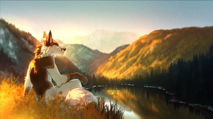 Anthropomorphic Wolf Sitting in Golden Grass by a Mountain Lake at Sunset HD wallpaper