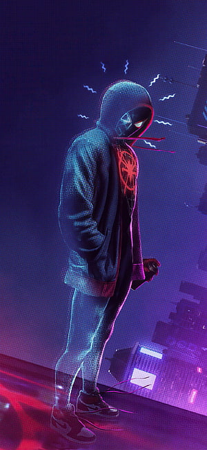 Miles Morales Spider-Man in Hoodie with Neon Purple and Blue Digital Glitch Art Style, spider man miles morales noise X, Purple Man HD phone wallpaper