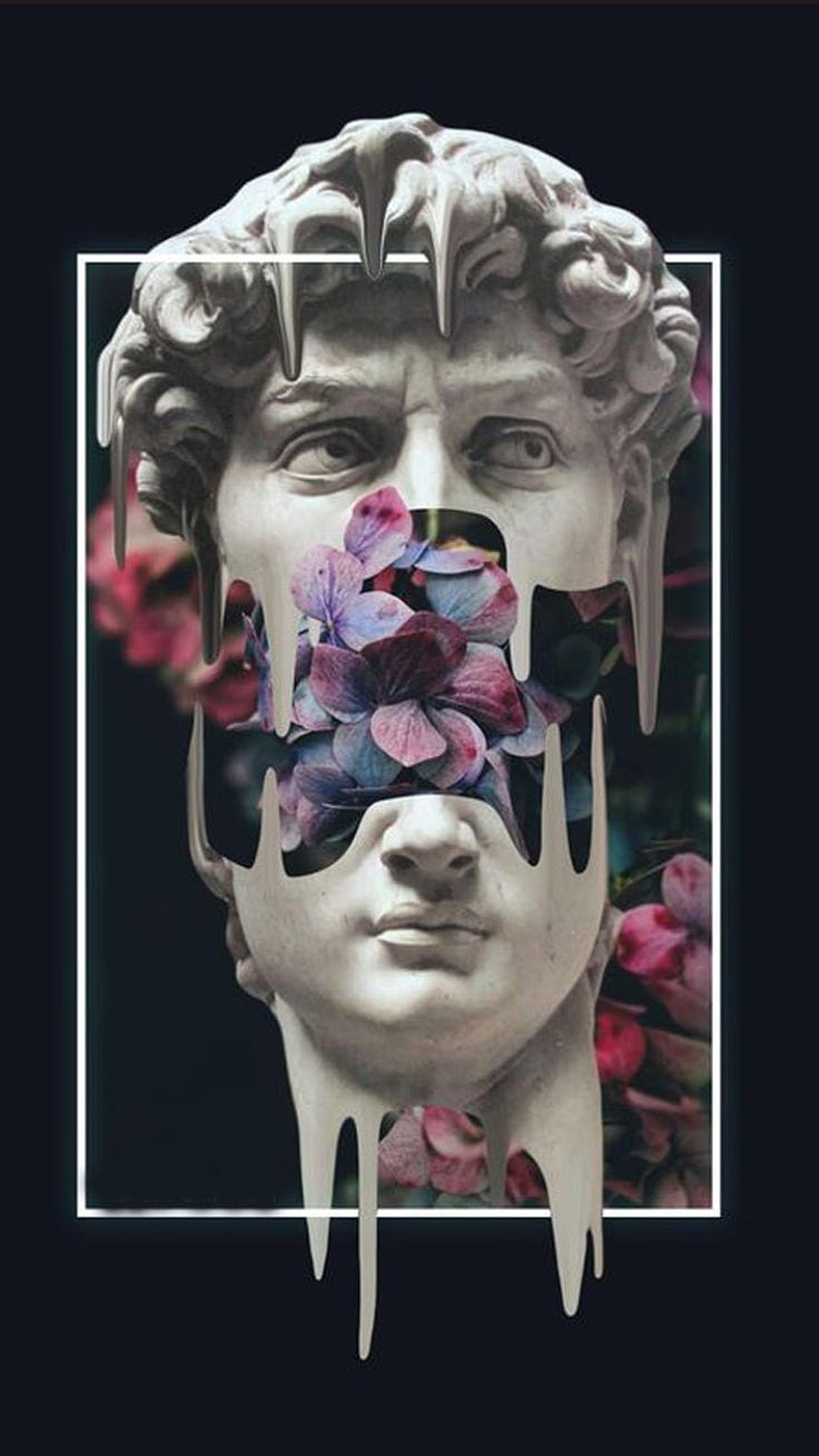 Surreal Marble Bust with Melted Edges and Vibrant Floral Overlay HD phone wallpaper