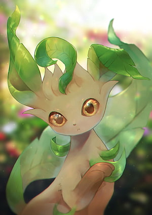 Cute Leafeon Eeveelution with Leafy Hair and Golden Eyes in a Soft Garden Setting HD phone wallpaper