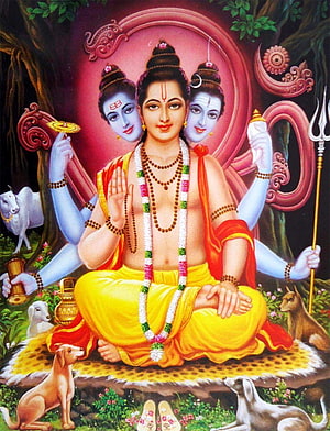 Lord Dattatreya Tri-Mukhi Depiction with Shiva, Vishnu, and Brahma Faces HD phone wallpaper