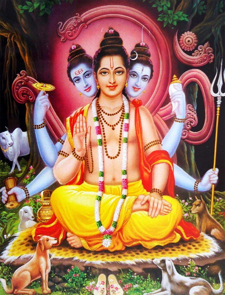 Lord Dattatreya Tri-Mukhi Depiction with Shiva, Vishnu, and Brahma Faces HD phone wallpaper