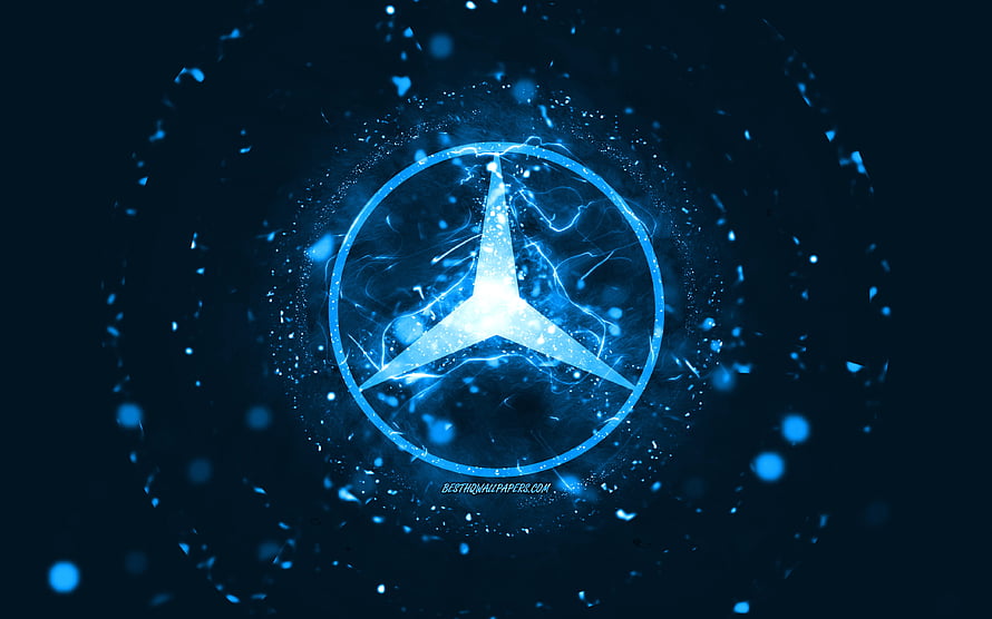 Glowing Mercedes-Benz emblem with electric blue energy and particle effects on a dark background HD wallpaper