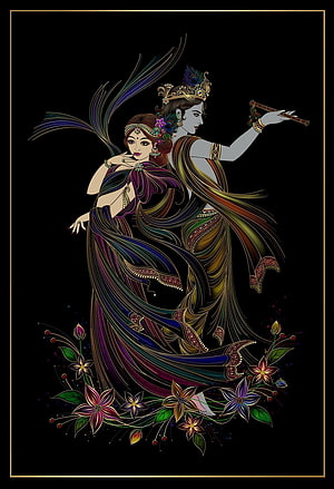 Krishna and Radha in ornate dark illustration with flowing garments and floral motifs HD phone wallpaper