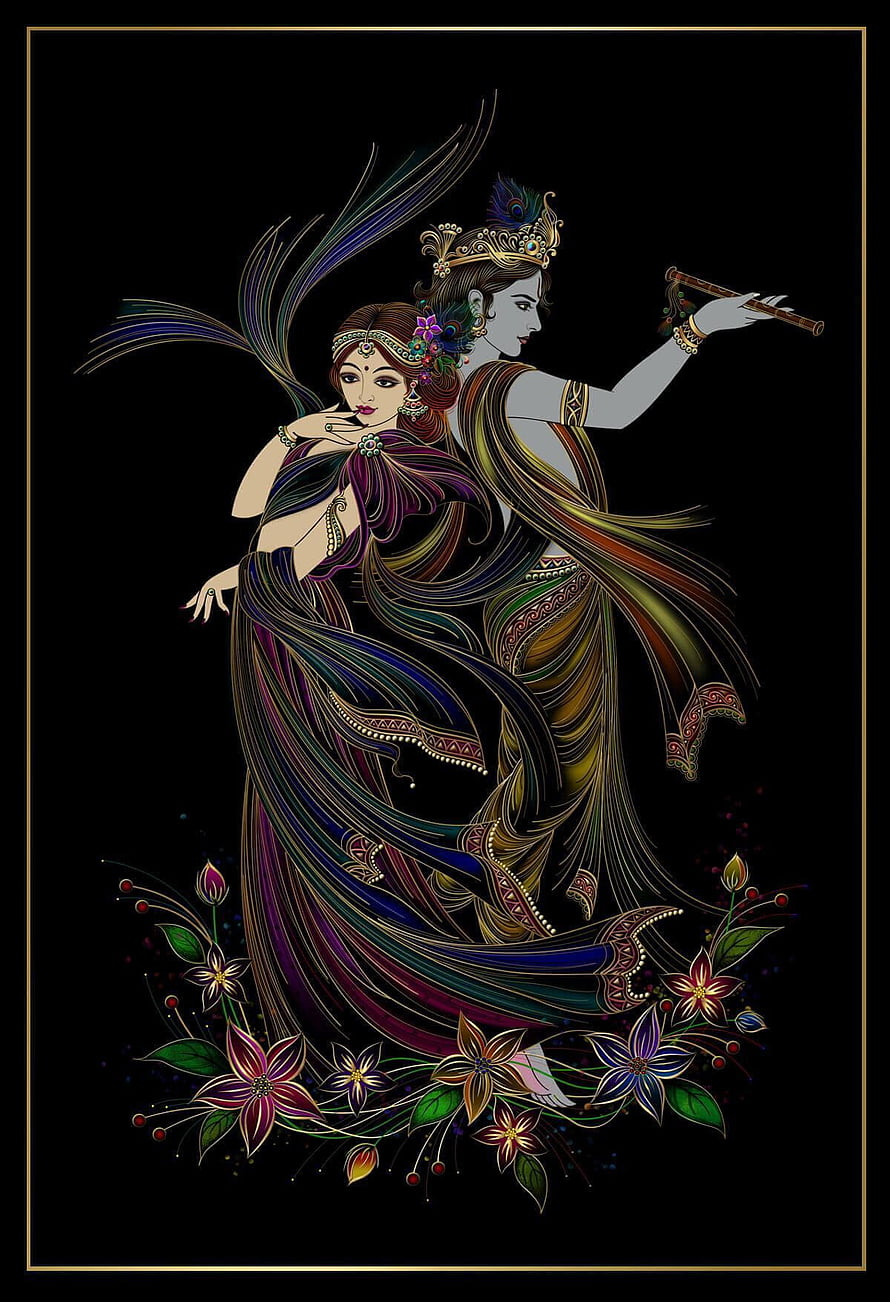 Krishna and Radha in ornate dark illustration with flowing garments and floral motifs HD phone wallpaper