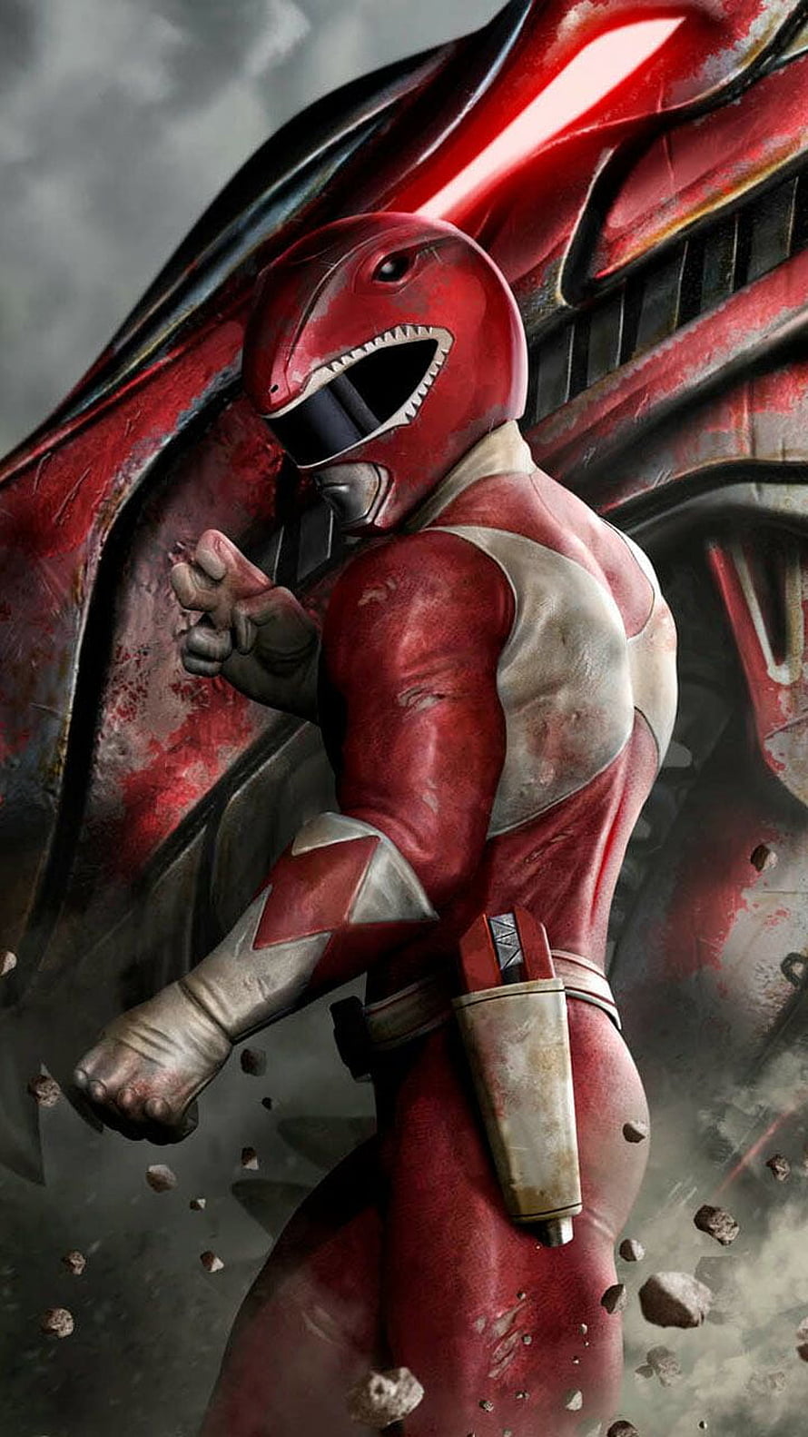 Power Rangers Red Ranger in gritty battle stance with dinosaur helmet and armored suit HD phone wallpaper