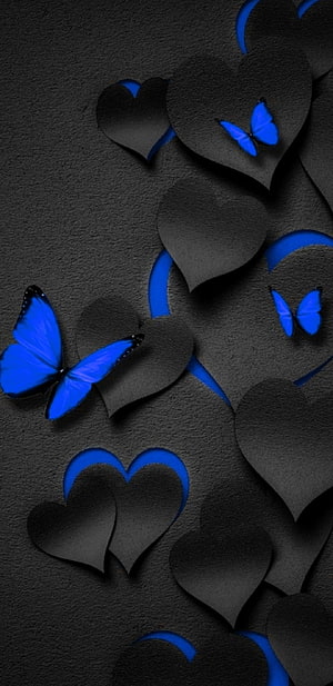 Dark Blue Butterfly and Heart Paper Art on Black Textured Background HD phone wallpaper