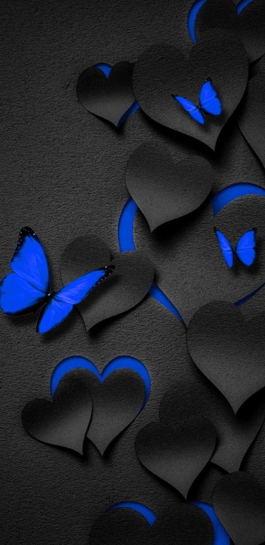 Dark Blue Butterfly and Heart Paper Art on Black Textured Background HD phone wallpaper