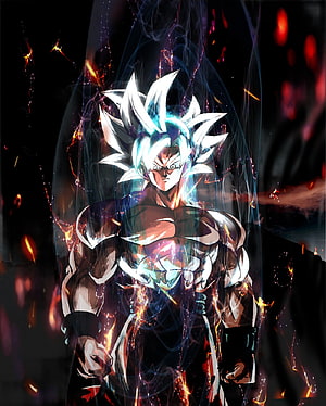 Goku Ultra Instinct Anime Artwork with Electric Blue Aura and Fiery Energy Effects HD phone wallpaper