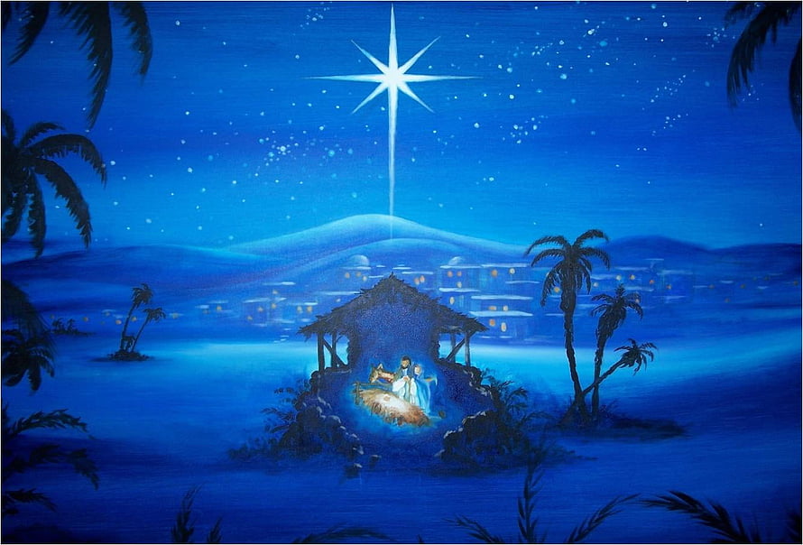 Tropical Christmas Nativity Scene with Star of Bethlehem and Palm Trees HD wallpaper