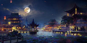 Illuminated Chinese Ancient Cityscape at Night with Full Moon and Floating Lanterns HD wallpaper