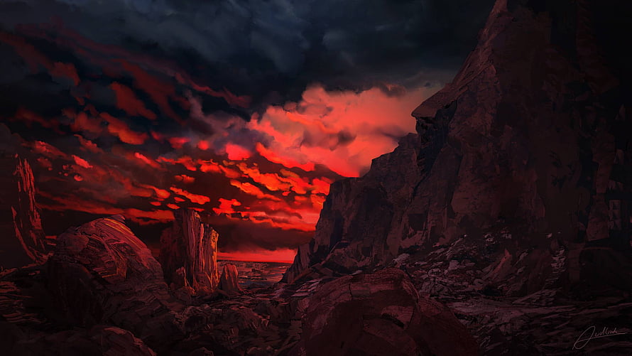 Dramatic Red Sky Over Rugged Rocky Mountain Landscape at Dusk HD wallpaper