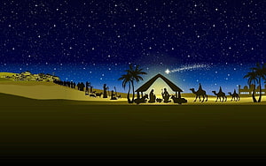 Silhouette Nativity Scene with Star of Bethlehem and Desert Landscape HD wallpaper