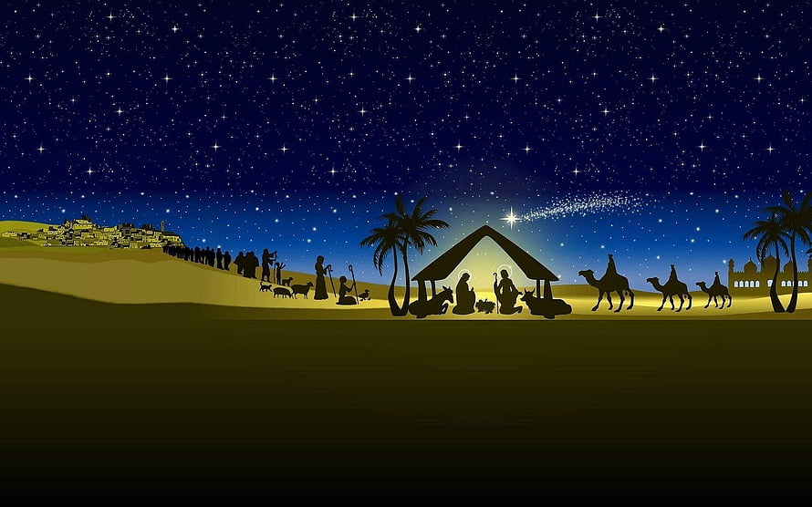 Silhouette Nativity Scene with Star of Bethlehem and Desert Landscape HD wallpaper