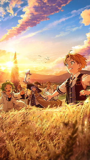 Mushoku Tensei Rudeus and Friends in Golden Wheat Field at Sunset HD phone wallpaper
