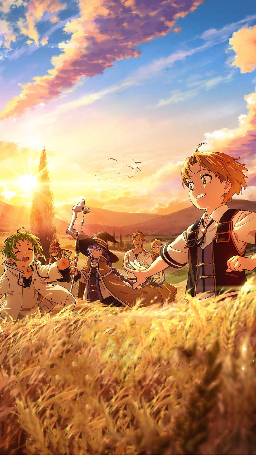 Mushoku Tensei Rudeus and Friends in Golden Wheat Field at Sunset HD phone wallpaper