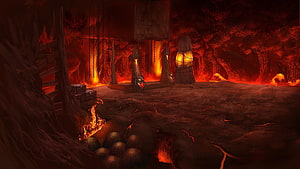 Fiery Infernal Cavern with Molten Lava Flows and Dark Stone Architecture HD wallpaper