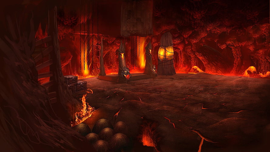 Fiery Infernal Cavern with Molten Lava Flows and Dark Stone Architecture HD wallpaper