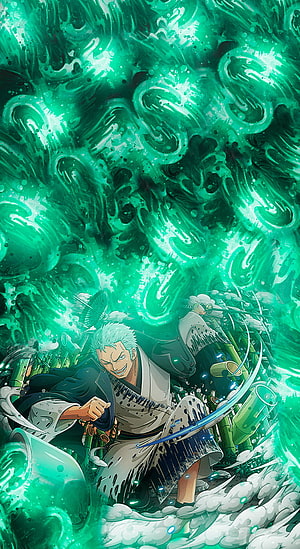 Roronoa Zoro Wielding Three Swords Amidst Swirling Green Energy in One Piece Anime Art HD phone wallpaper