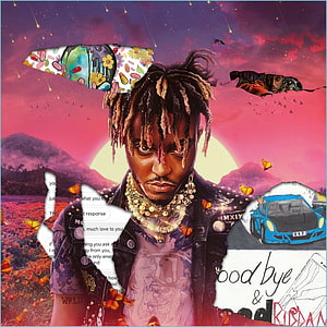 Juice Wrld Surreal Digital Collage with Vibrant Sunset Sky and Torn Paper Elements HD phone wallpaper