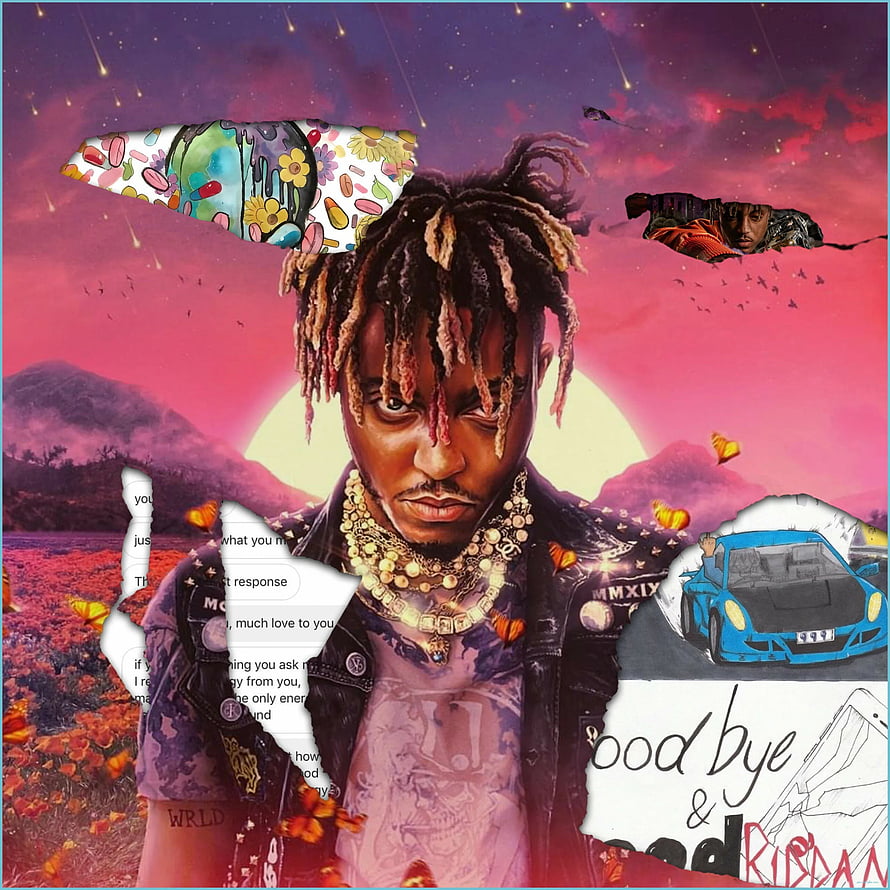 Juice Wrld Surreal Digital Collage with Vibrant Sunset Sky and Torn Paper Elements HD phone wallpaper