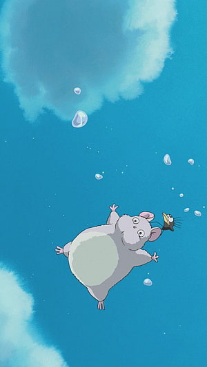 Totoro Floating in the Sky with a Bird and Bubbles in a Studio Ghibli Scene HD phone wallpaper