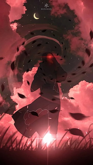 Obito Uchiha in Akatsuki Cloak Under a Crimson Sky with Swirling Leaves and a Crescent Moon HD phone wallpaper