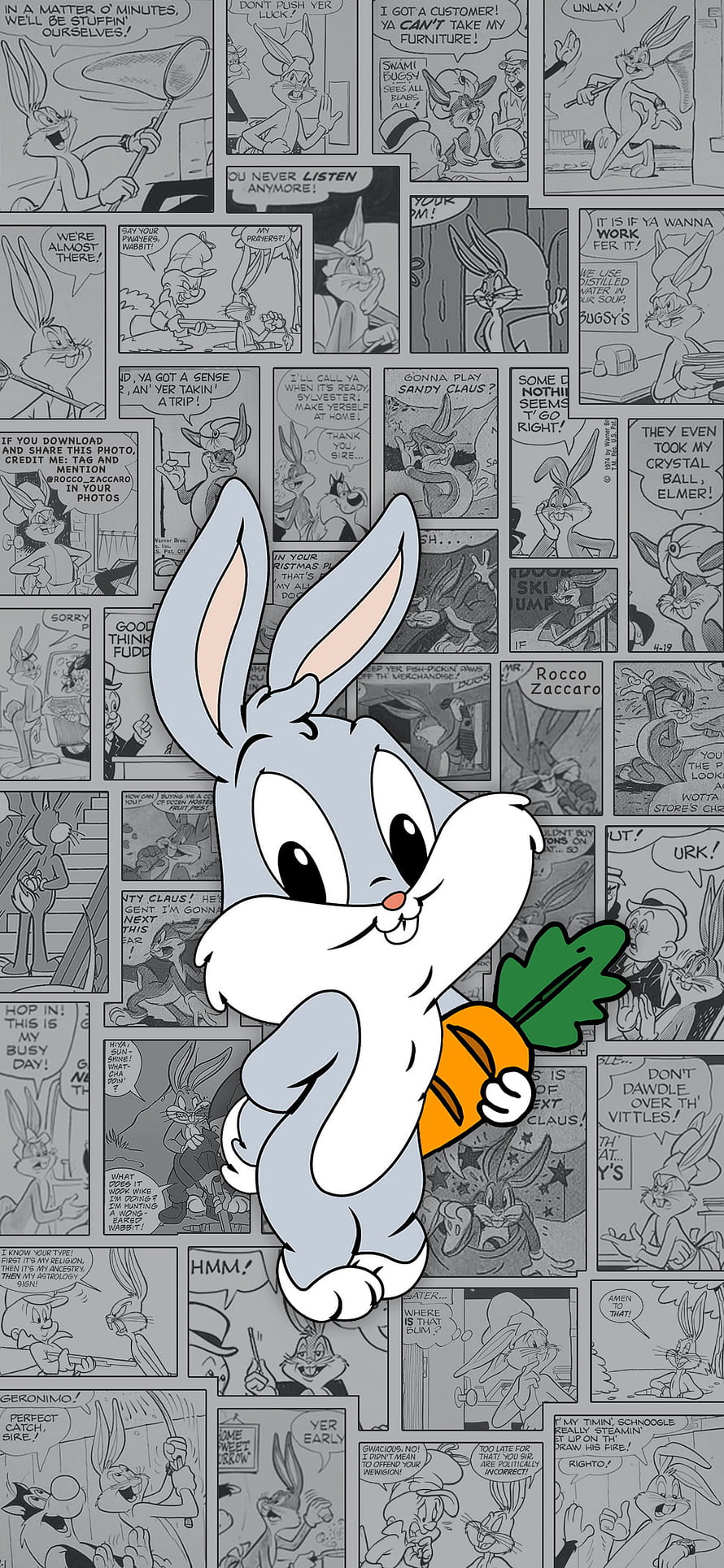 Bugs Bunny Holding Carrot Over Black and White Comic Strip Background HD phone wallpaper