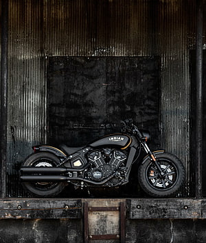 Indian Scout Bobber Motorcycle Parked Against Dark Rustic Wood Wall HD phone wallpaper