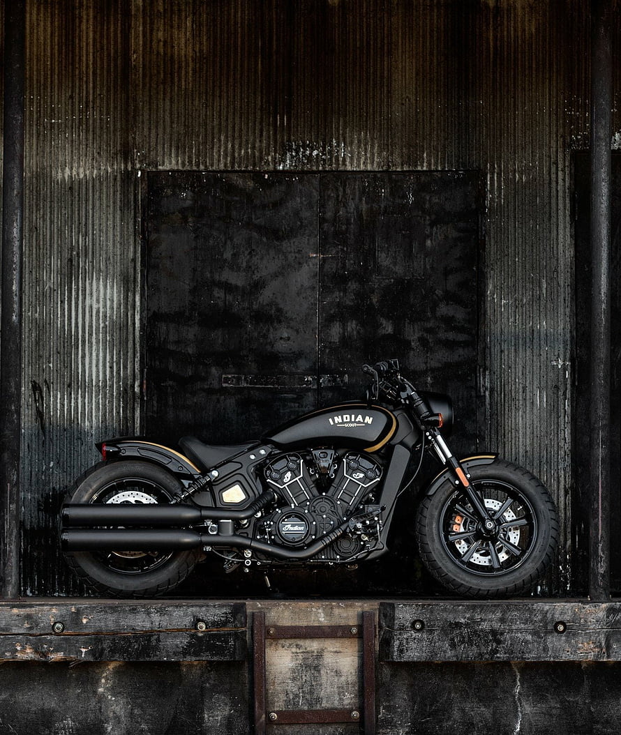 Indian Scout Bobber Motorcycle Parked Against Dark Rustic Wood Wall HD phone wallpaper